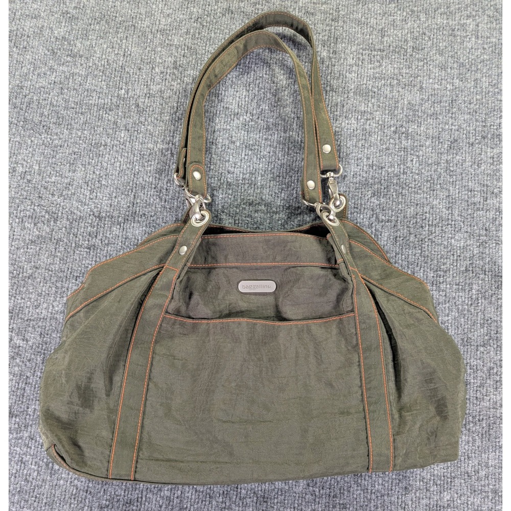 Baggallini Olive Green Nylon Triple Compartment Shoulder Bag Orange Stitching